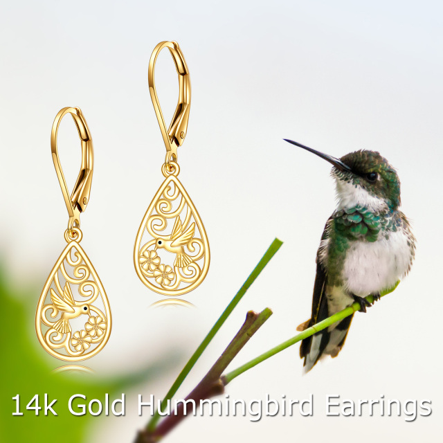 Pendientes de oro de 14 quilates en forma de colibrí y gota-5