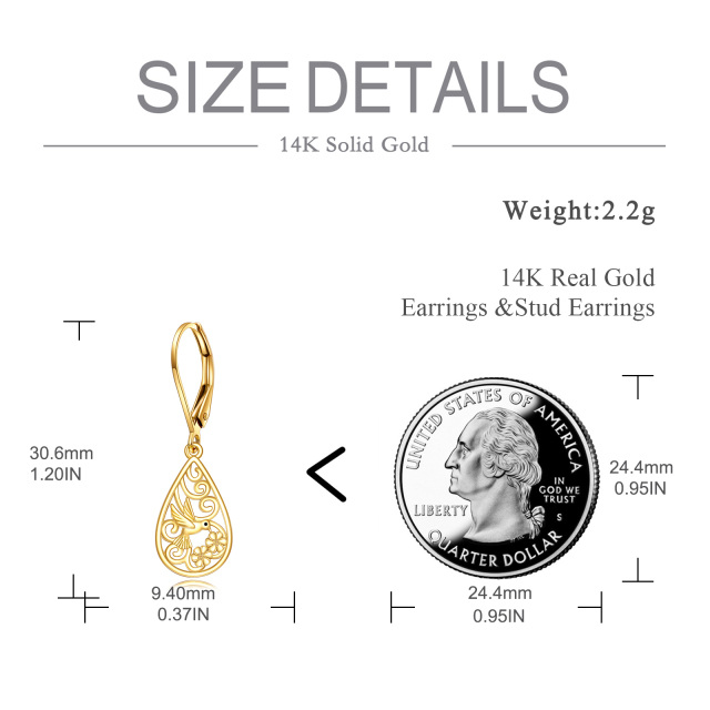 14K Gold Hummingbird & Drop Shape Drop Earrings-4