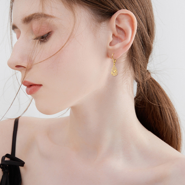 14K Gold Hummingbird & Drop Shape Drop Earrings-1