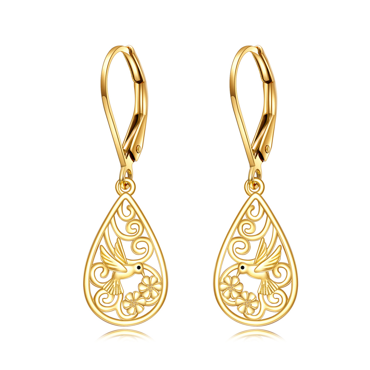 14K Gold Hummingbird & Drop Shape Drop Earrings-1