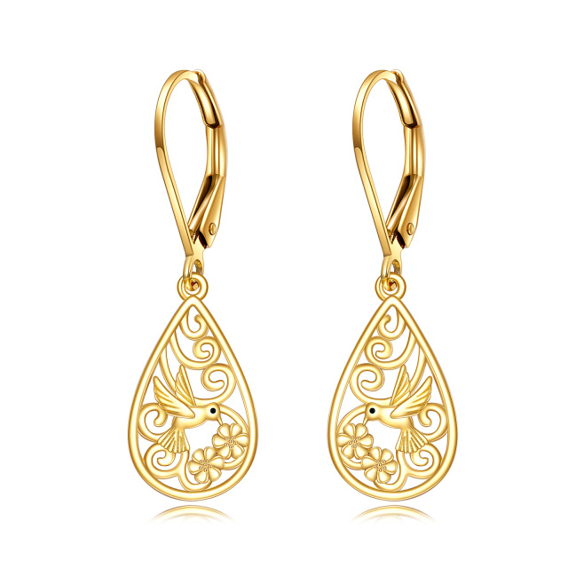 Boucles d'oreilles en or 14K en forme de colibri et de goutte d'eau-0