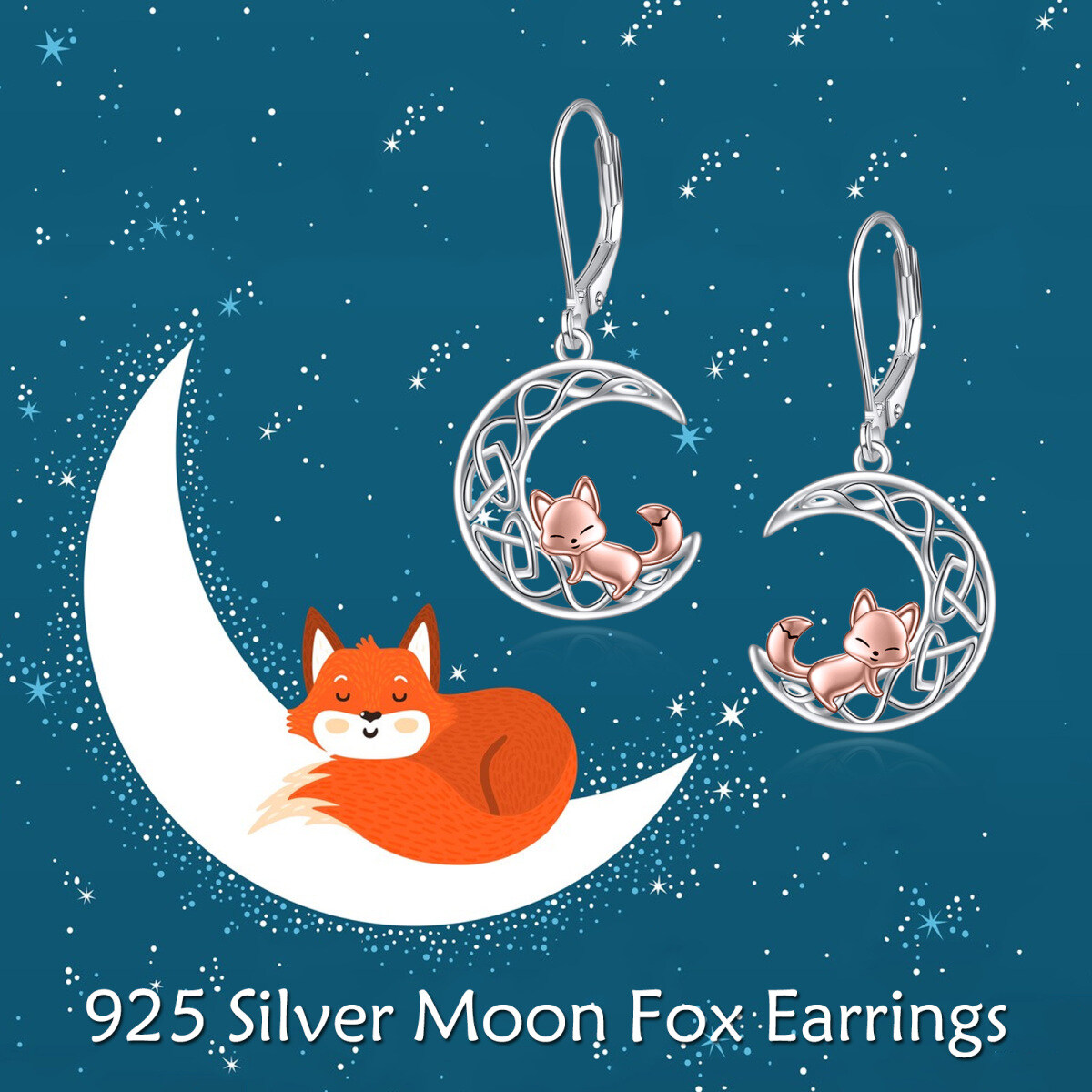 Sterling Silver Two-tone Fox & Celtic Knot & Moon Lever-back Earrings-6