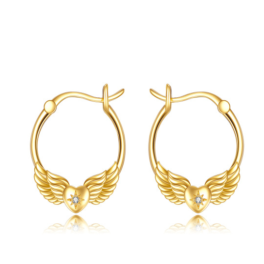 Pendientes colgantes de ala de ángel con circonita cúbica en forma circular de oro de 14 quilates