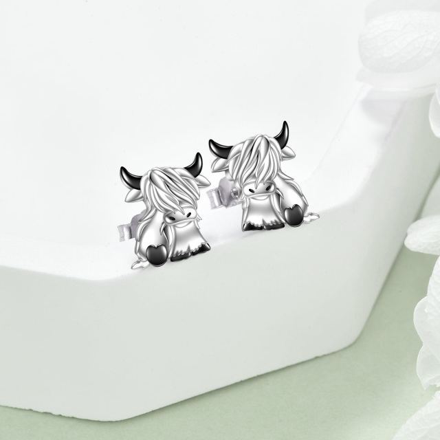 Sterling Silver Two-tone Highland Cow Stud Earrings-3