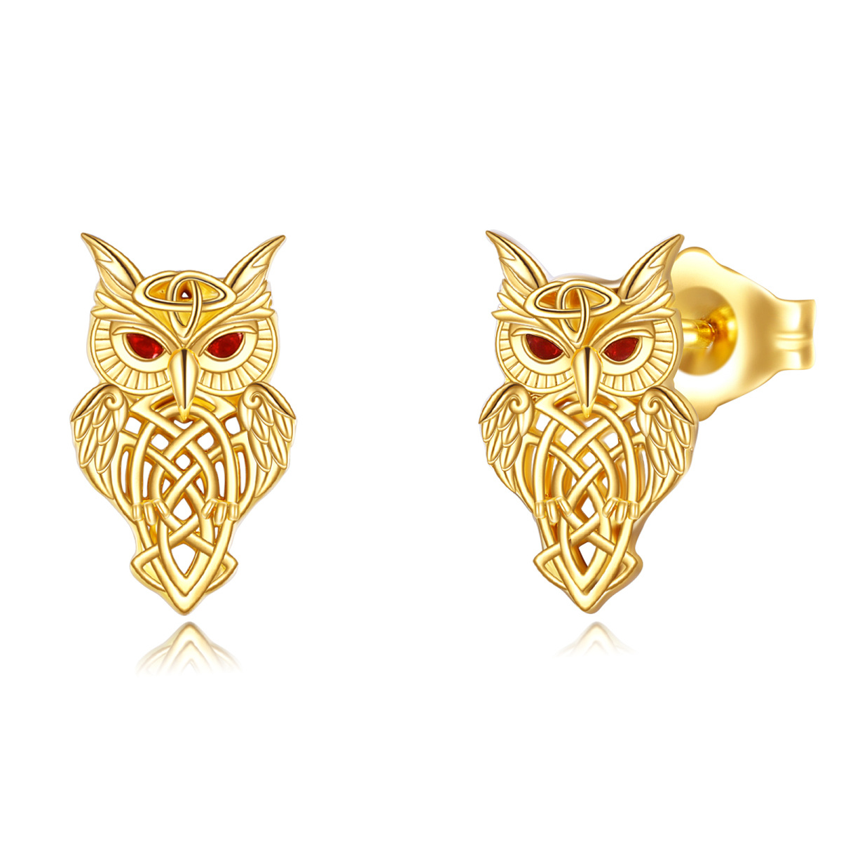 14K Gold Cubic Zirconia Owl & Celtic Knot Stud Earrings-1