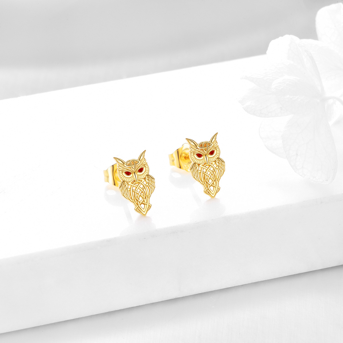 14K Gold Cubic Zirconia Owl & Celtic Knot Stud Earrings-3