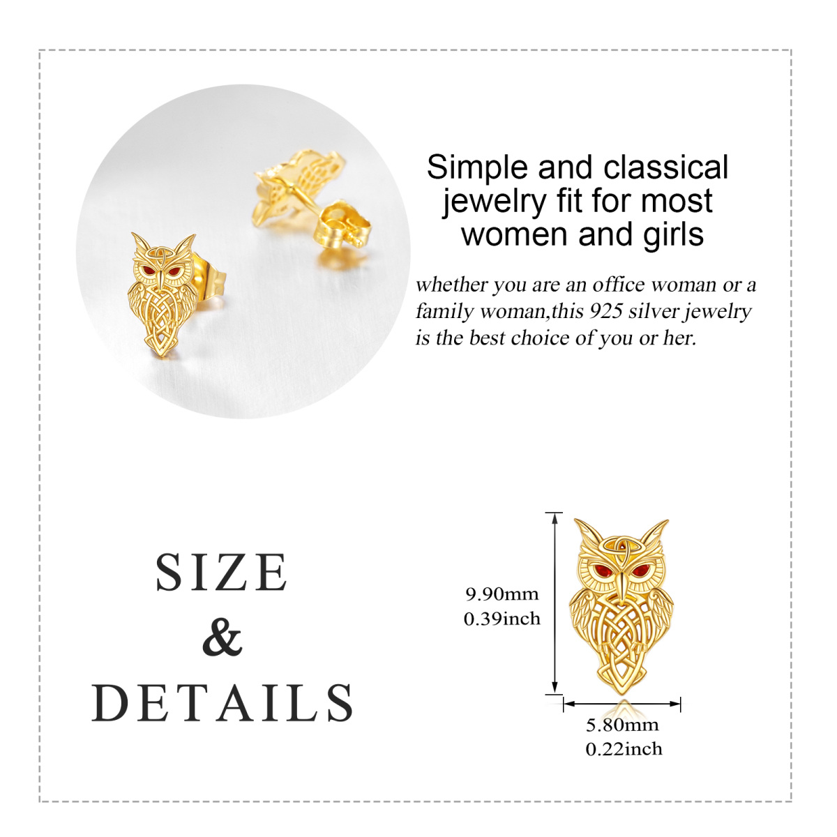 14K Gold Cubic Zirconia Owl & Celtic Knot Stud Earrings-5