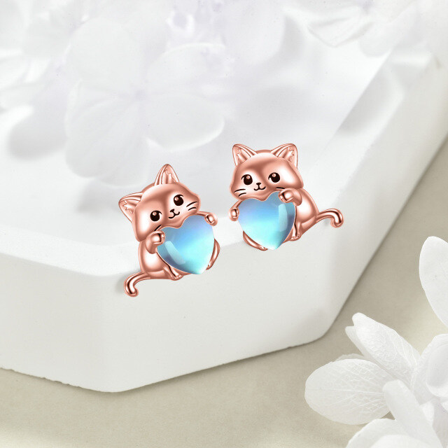 Pendientes de tuerca con forma de gato y piedra lunar en forma de corazón, de plata de ley y chapados en oro rosa-2