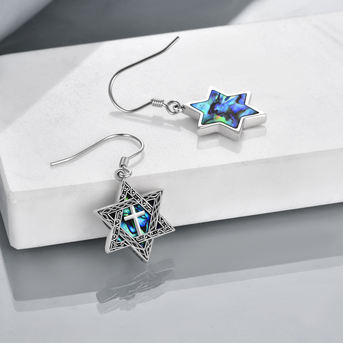 Sterling Silver Abalone Shellfish Star Of David Drop Earrings-4