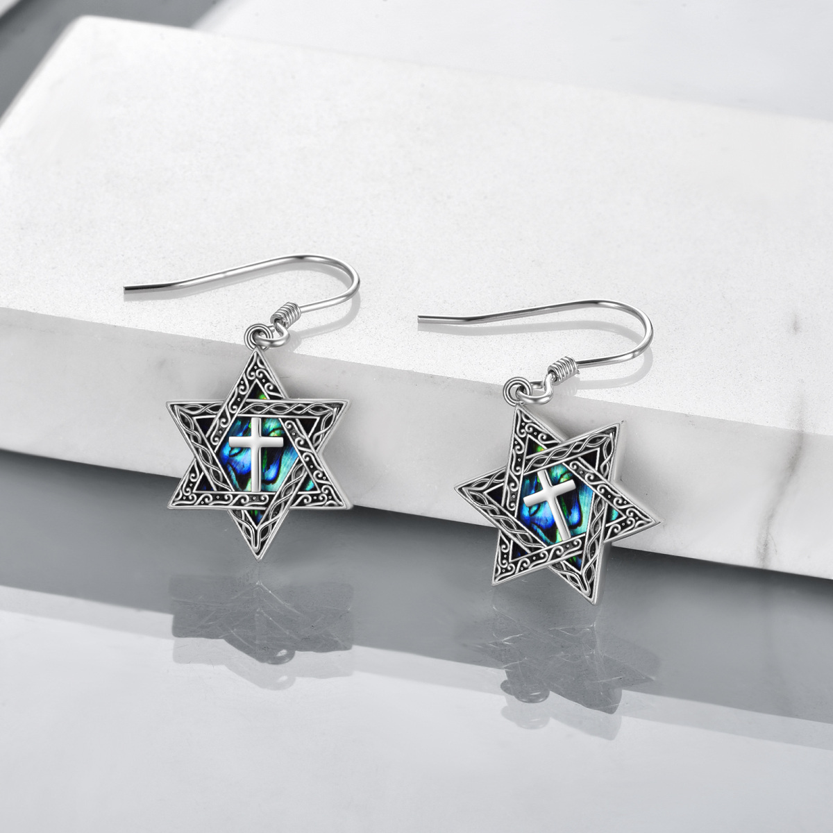 Sterling Silver Abalone Shellfish Star Of David Drop Earrings-3