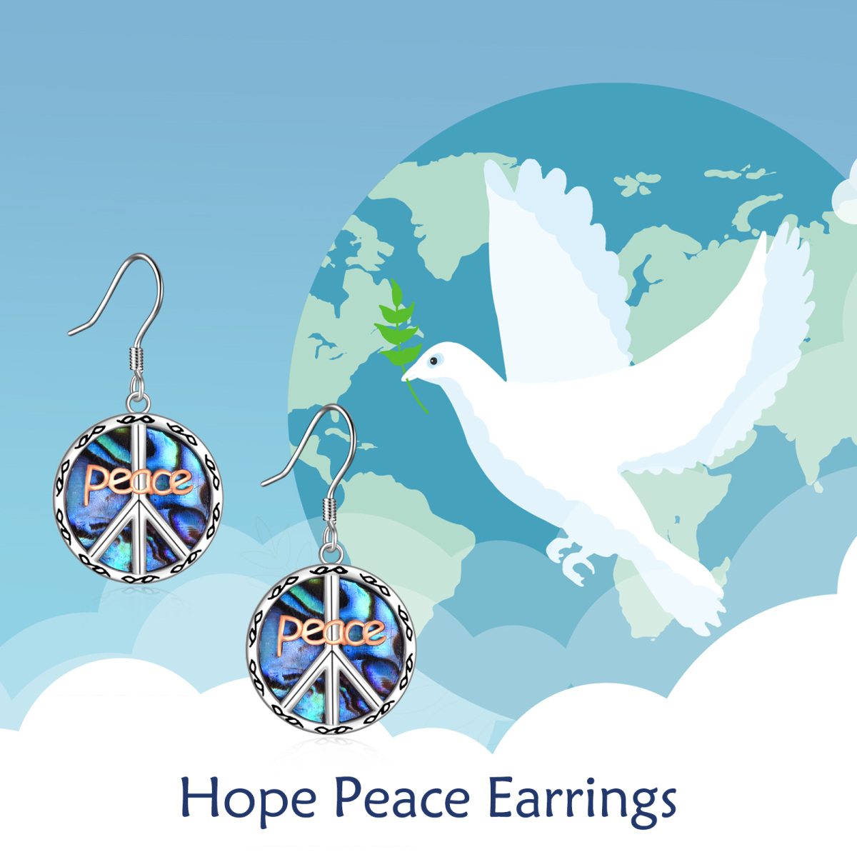 Sterling Silver Two-tone Abalone Shellfish Peace Symbol Drop Earrings-6