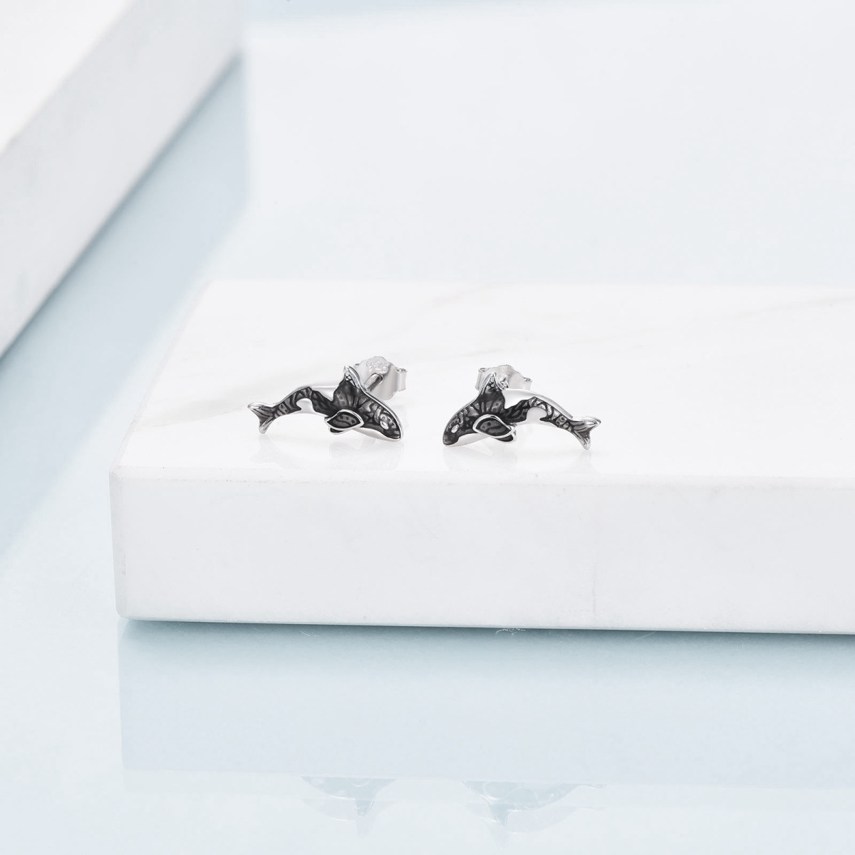 Sterling Silver Two-tone Whale Stud Earrings-3