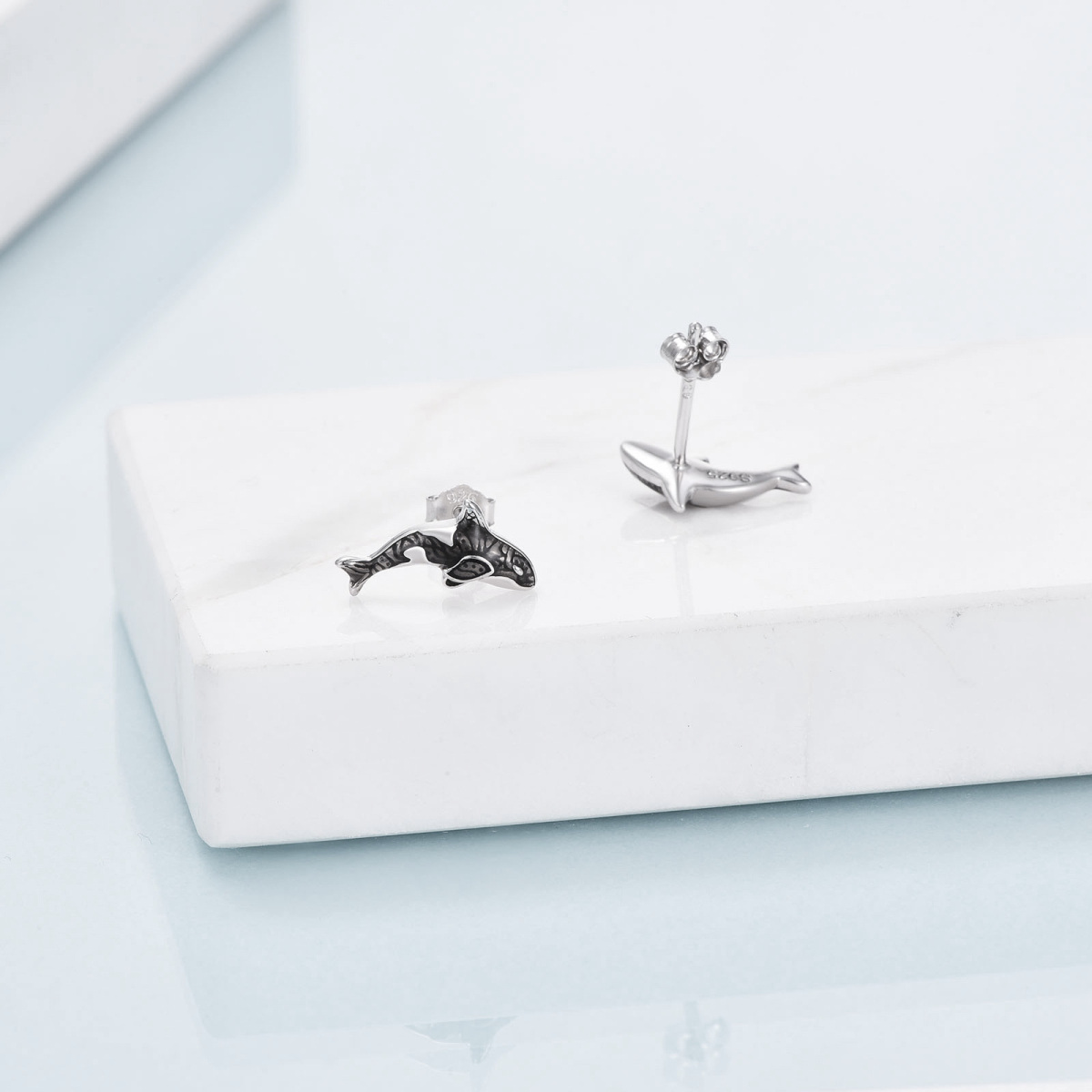 Sterling Silver Two-tone Whale Stud Earrings-4