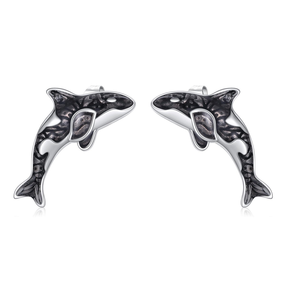 Sterling Silver Two-tone Black Killer Whale Orca Ocean Stud Earrings-1