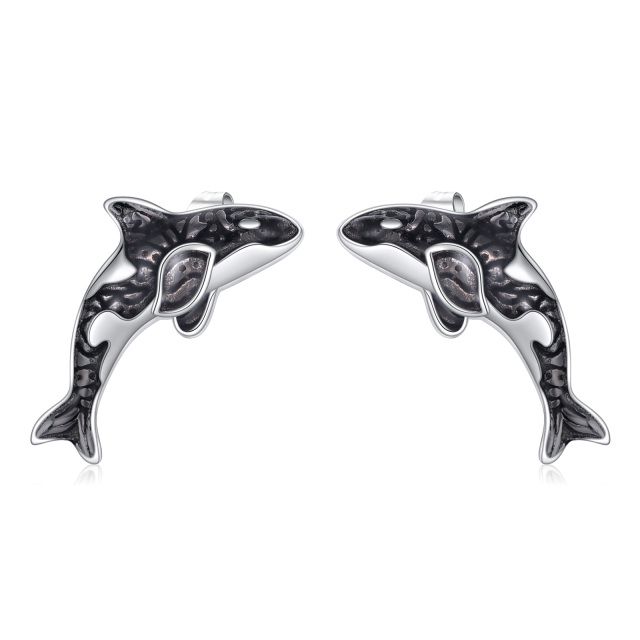 Sterling Silver Two-tone Black Killer Whale Orca Ocean Stud Earrings-1