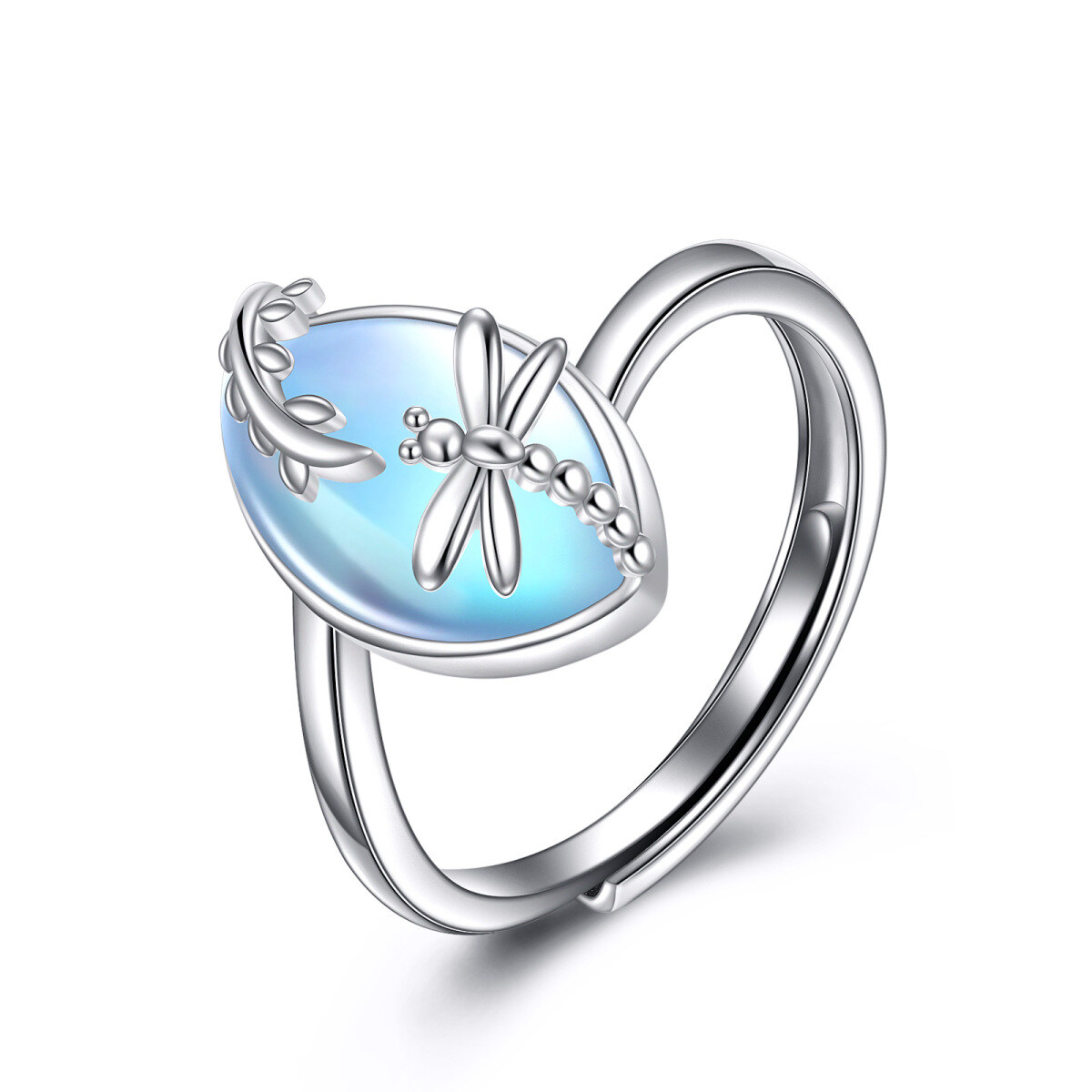 Sterling Silver Marquise Shaped Moonstone Dragonfly Open Ring-1