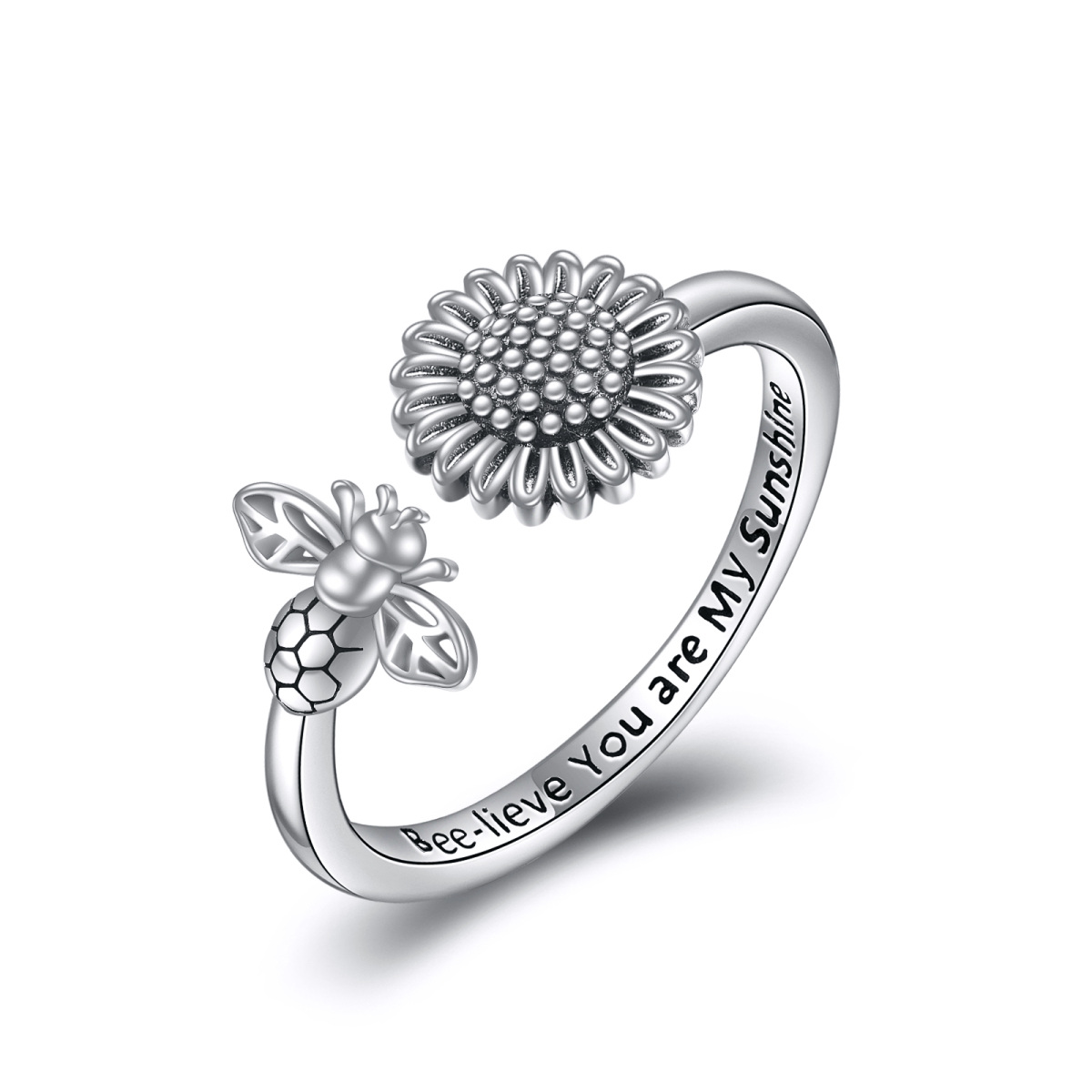 Sterling Silver Round Zircon Bees Open Ring-1