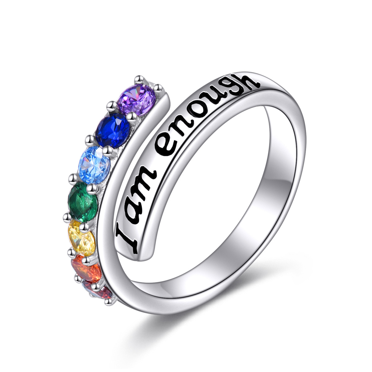 Sterling Silver Cubic Zirconia Chakras Open Ring with Engraved Word-1