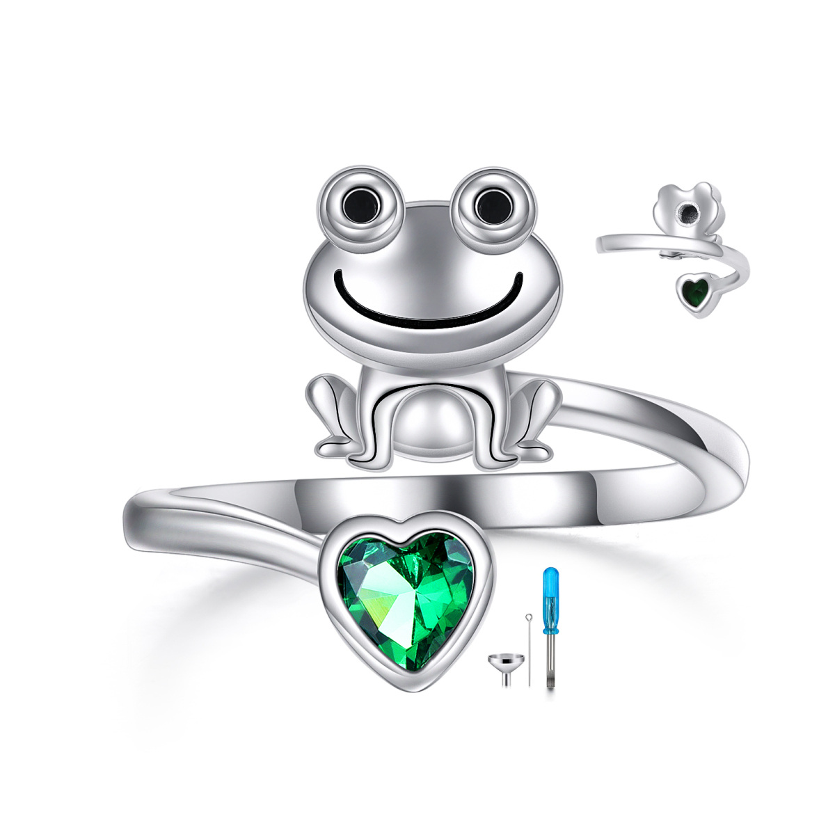 Sterling Silver Heart Shaped Cubic Zirconia Frog Urn Ring-1