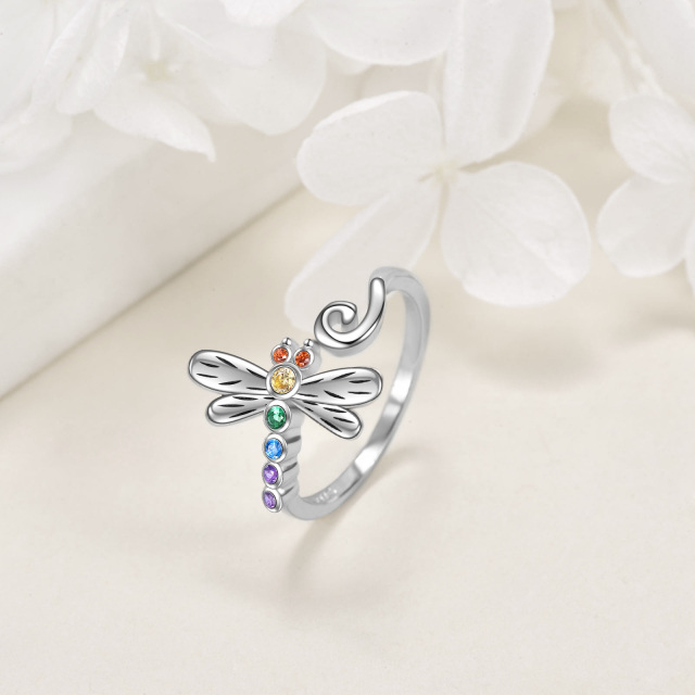 Sterling Silver Circular Shaped Cubic Zirconia Dragonfly Ring-2