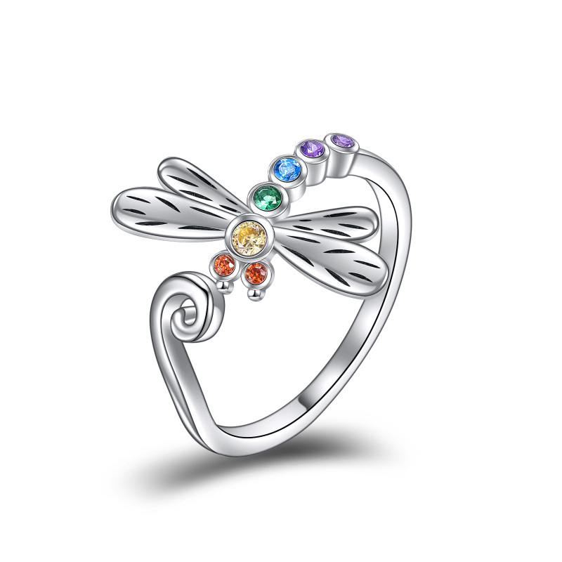 Ring aus Sterlingsilber mit Libellenmotiv und kreisförmigem Zirkonia
