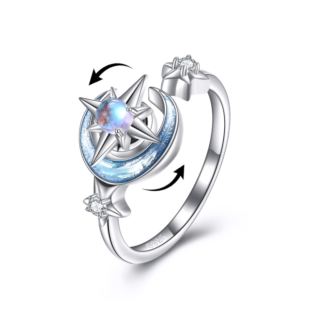 Sterling Silver Cubic Zirconia & Moonstone Moon & Star Spinner Ring-0