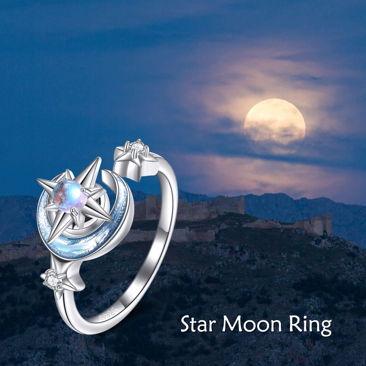 Sterling Silver Cubic Zirconia & Moonstone Moon & Star Spinner Ring-6