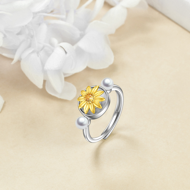 Sterling Silver Two-tone Pearl Sunflower Spinner Ring-3