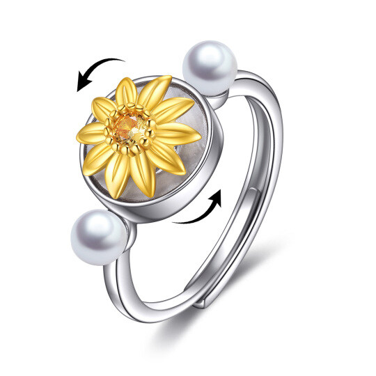 Sterling Silver Two-tone Pearl Sunflower Spinner Ring