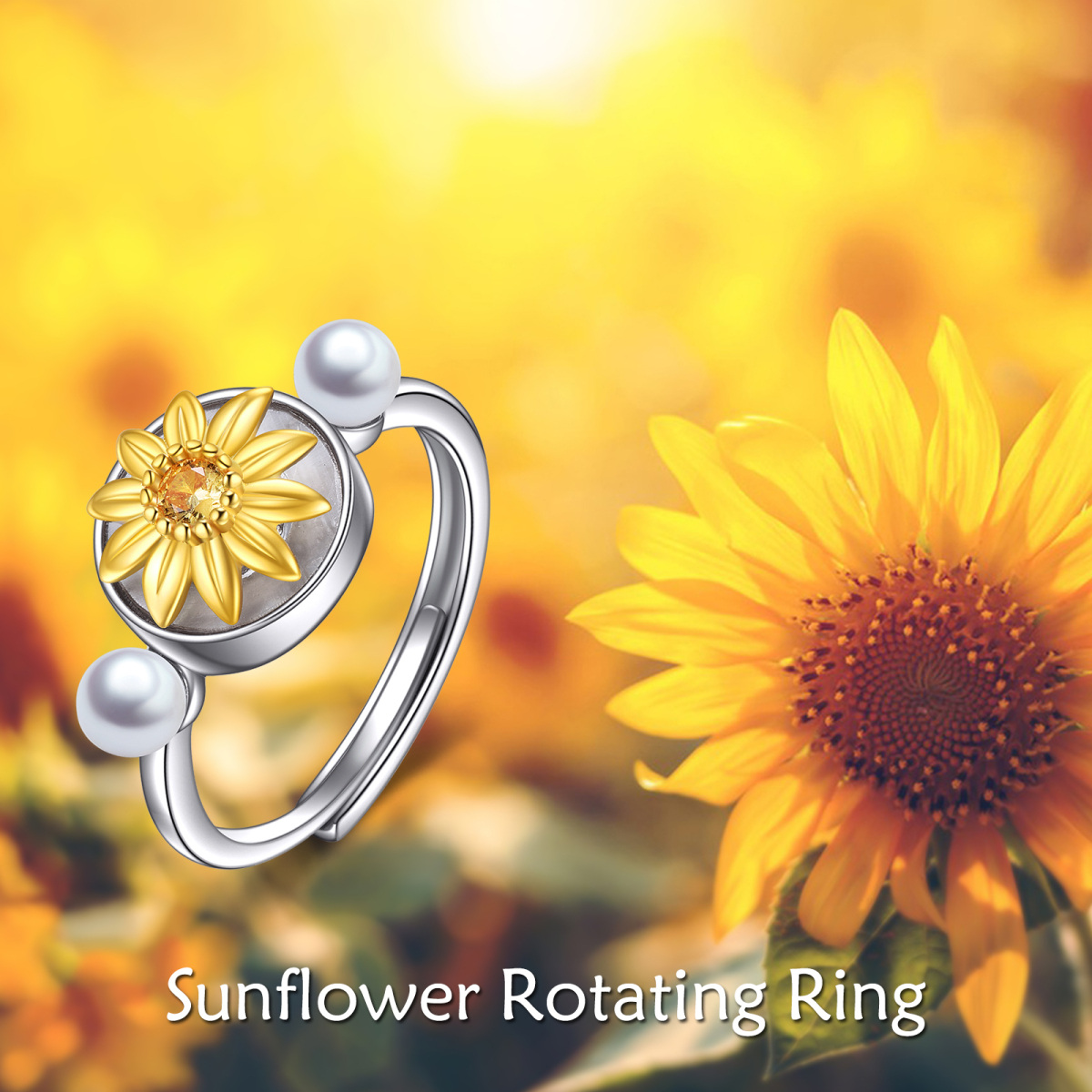 Sterling Silver Two-tone Pearl Sunflower Spinner Ring-6