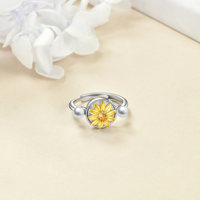 Sterling Silver Two-tone Pearl Sunflower Spinner Ring-4