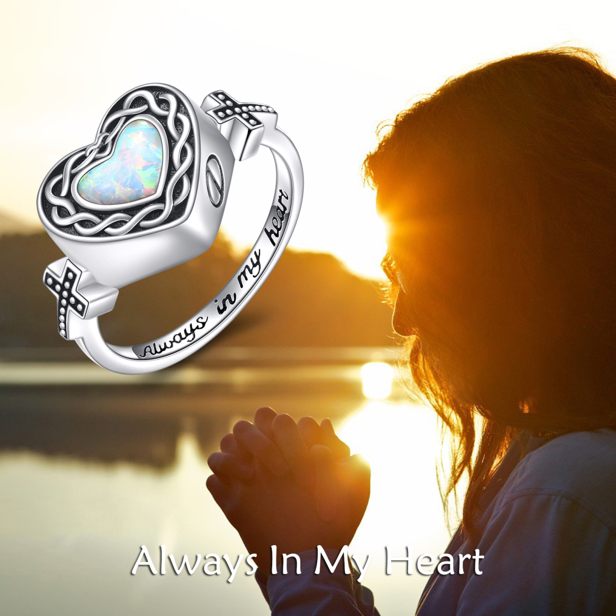 Sterling Silver Heart Opal Heart Urn Ring with Engraved Word-6