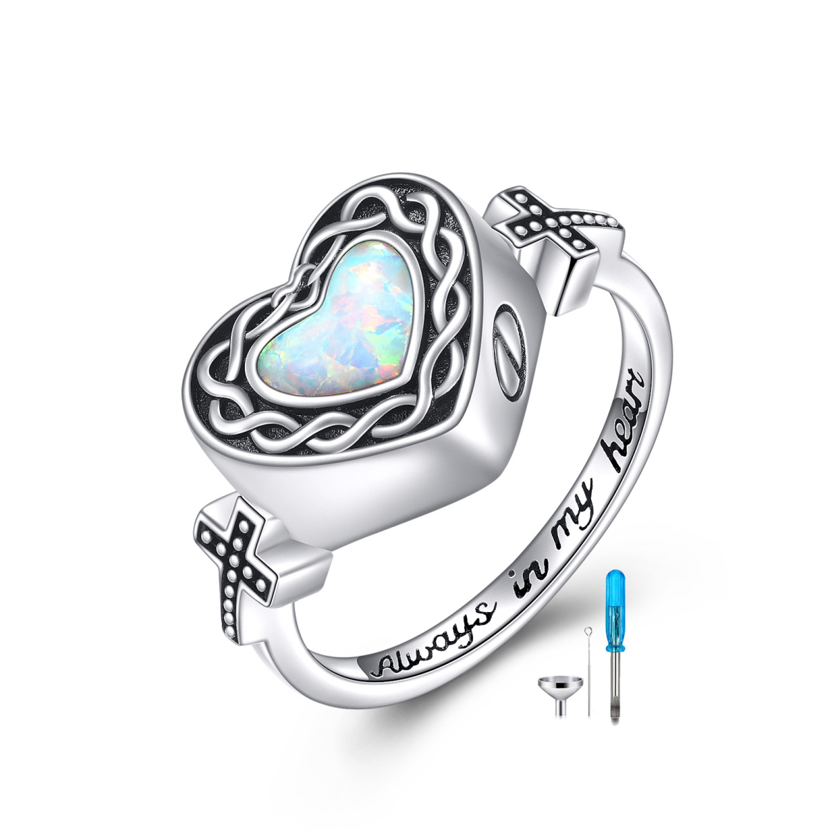 Sterling Silver Heart Opal Heart Urn Ring with Engraved Word-1