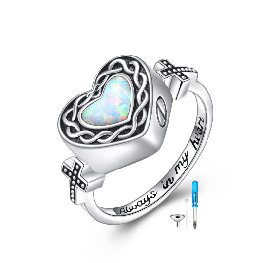 Sterling Silver Heart Opal Heart Urn Ring with Engraved Word