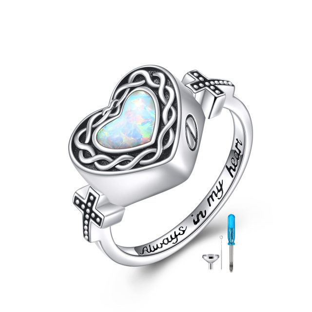 Sterling Silver Heart Opal Heart Urn Ring with Engraved Word-0