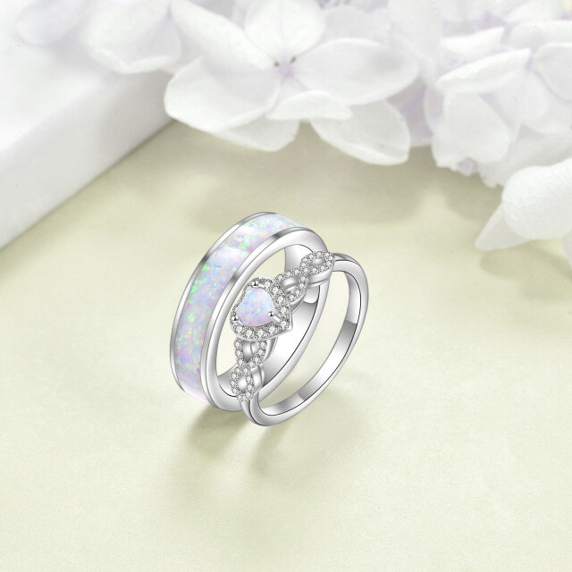 Sterling Silver Heart Shaped Opal Heart Couple Rings-2