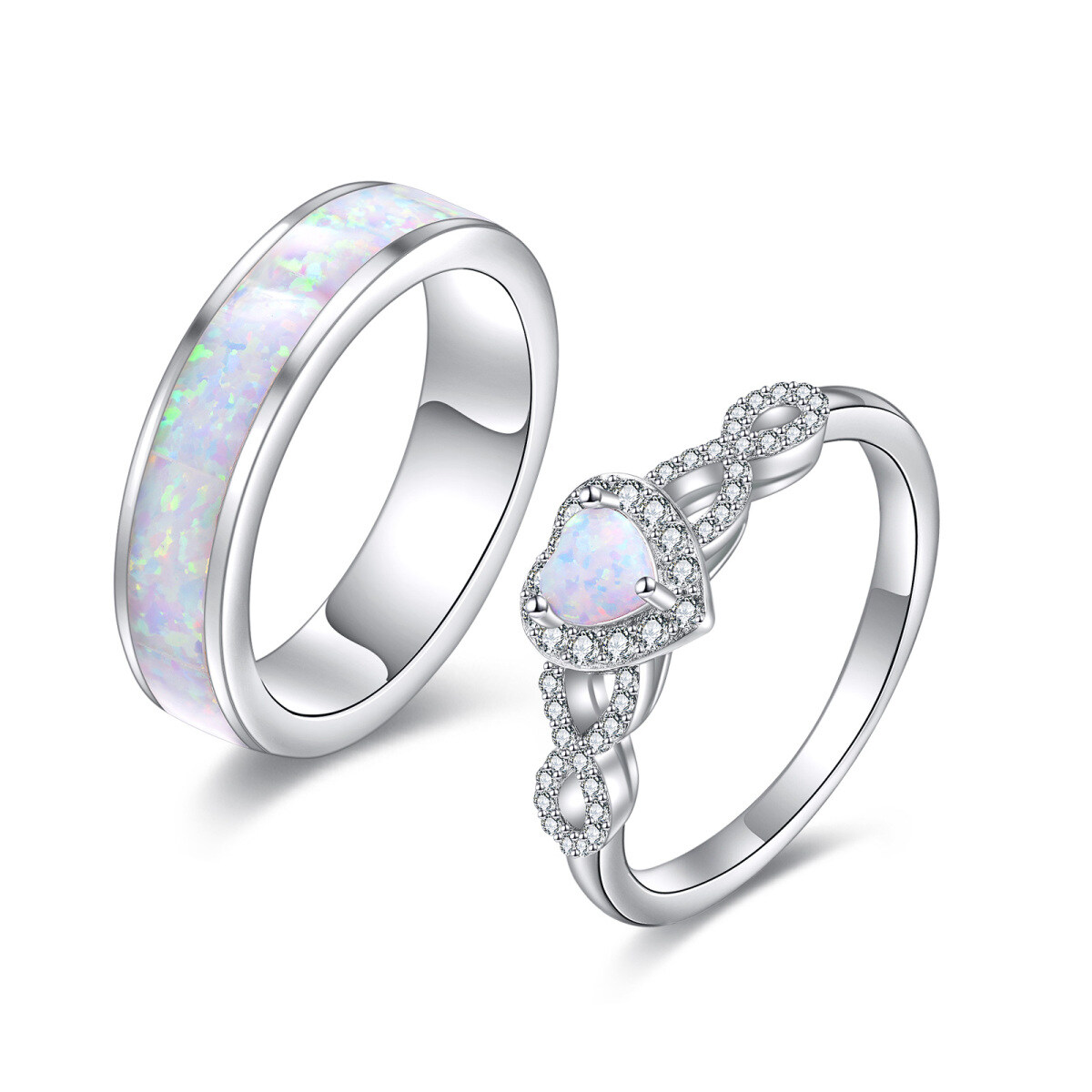 Sterling Silver Heart Shaped Opal Heart Couple Rings-1