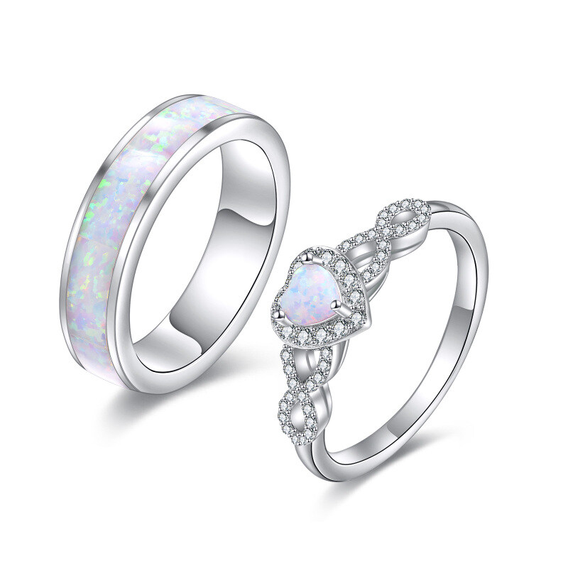 Sterling Silver Heart Shaped Opal Heart Couple Rings