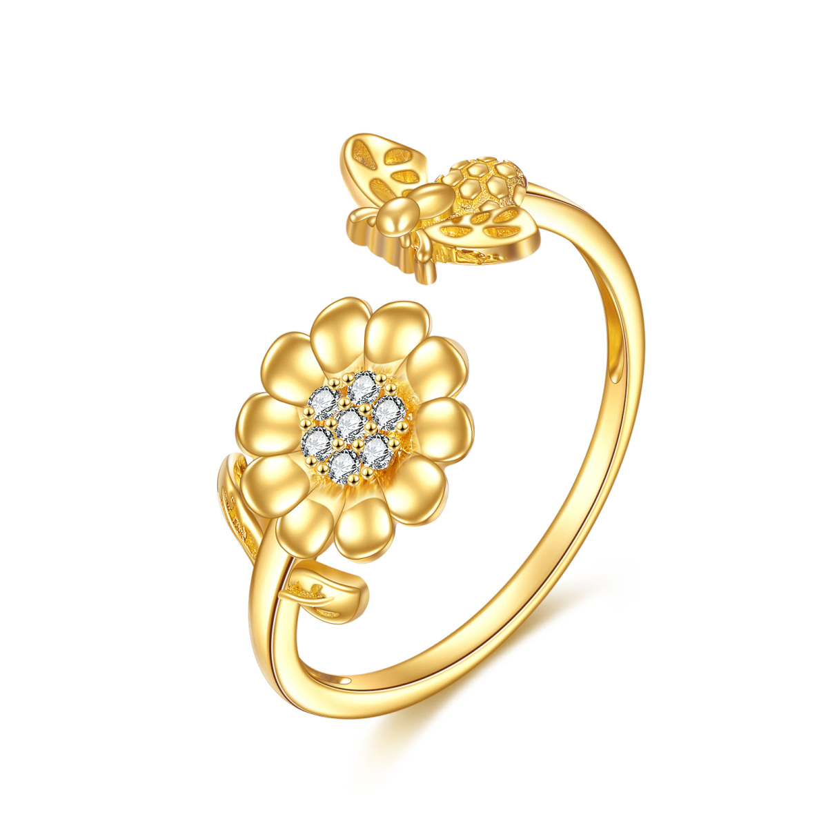 Offener Ring aus 14 Karat Gold mit Zirkonia und Sonnenblume-1