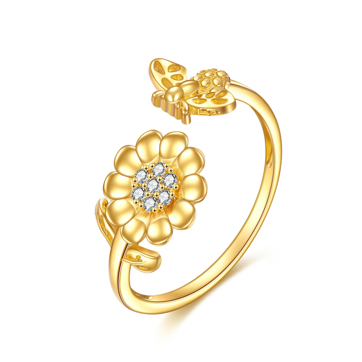 Anillo abierto de girasol con circonita cúbica de oro de 14 quilates-1