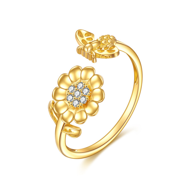 Offener Ring aus 14 Karat Gold mit Zirkonia und Sonnenblume-0