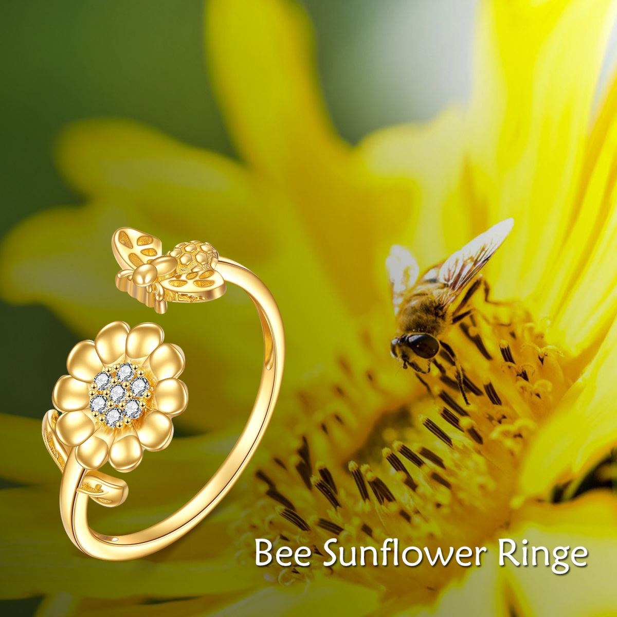 14K Gold Cubic Zirconia Sunflower Open Ring-6