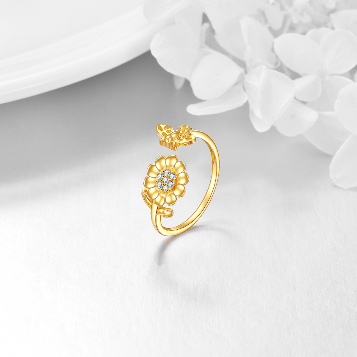 Offener Ring aus 14 Karat Gold mit Zirkonia und Sonnenblume-3