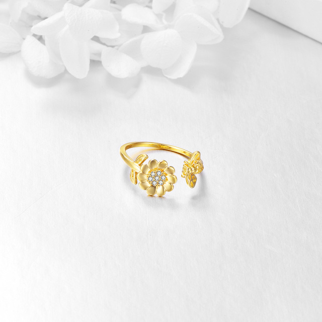 Offener Ring aus 14 Karat Gold mit Zirkonia und Sonnenblume-3