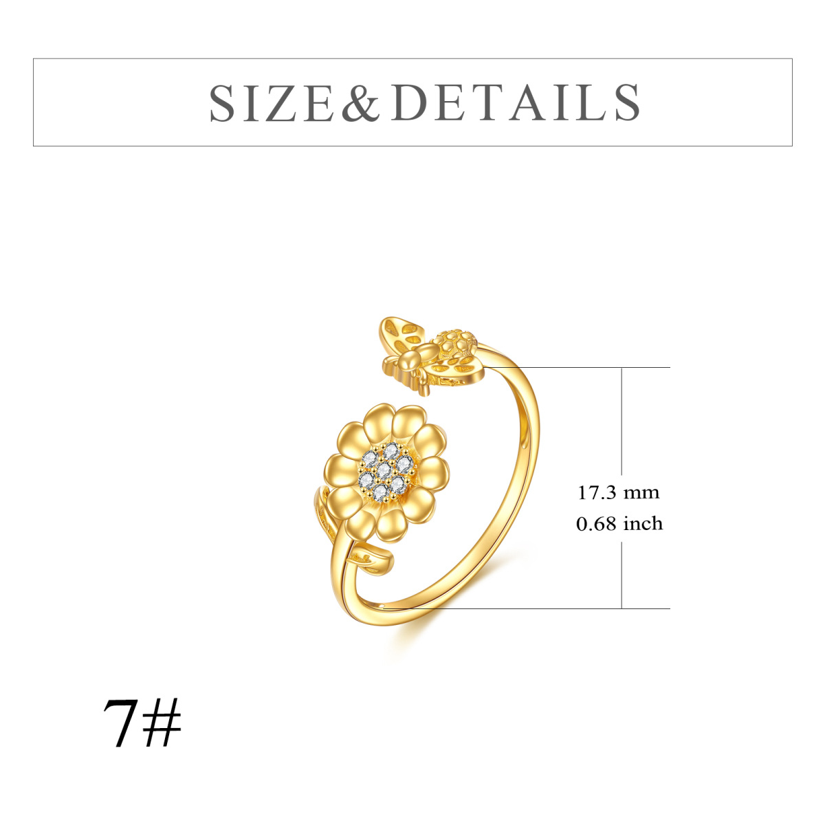 Offener Ring aus 14 Karat Gold mit Zirkonia und Sonnenblume-5