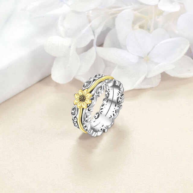 Sterling Silver Two-tone & Personalized Engraving Sunflower Spinner Ring-3