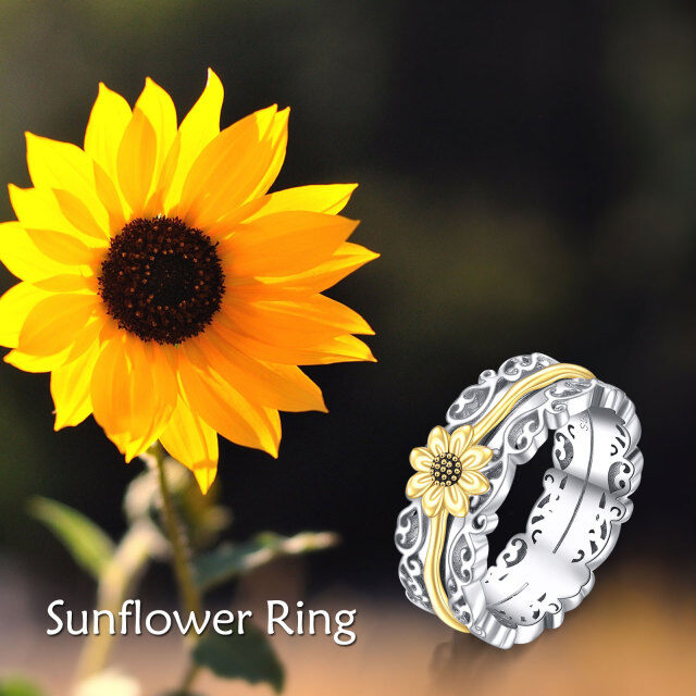 Anillo giratorio de girasol con grabado personalizado en dos tonos de plata de ley-4