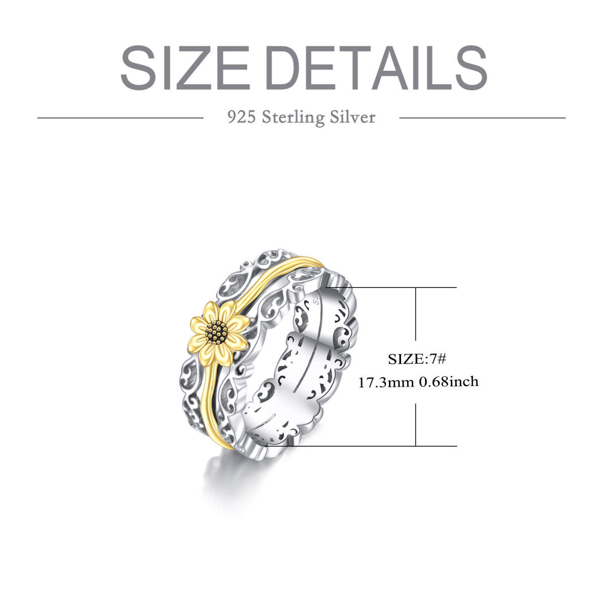 Sterling Silver Two-tone & Personalized Engraving Sunflower Spinner Ring-6