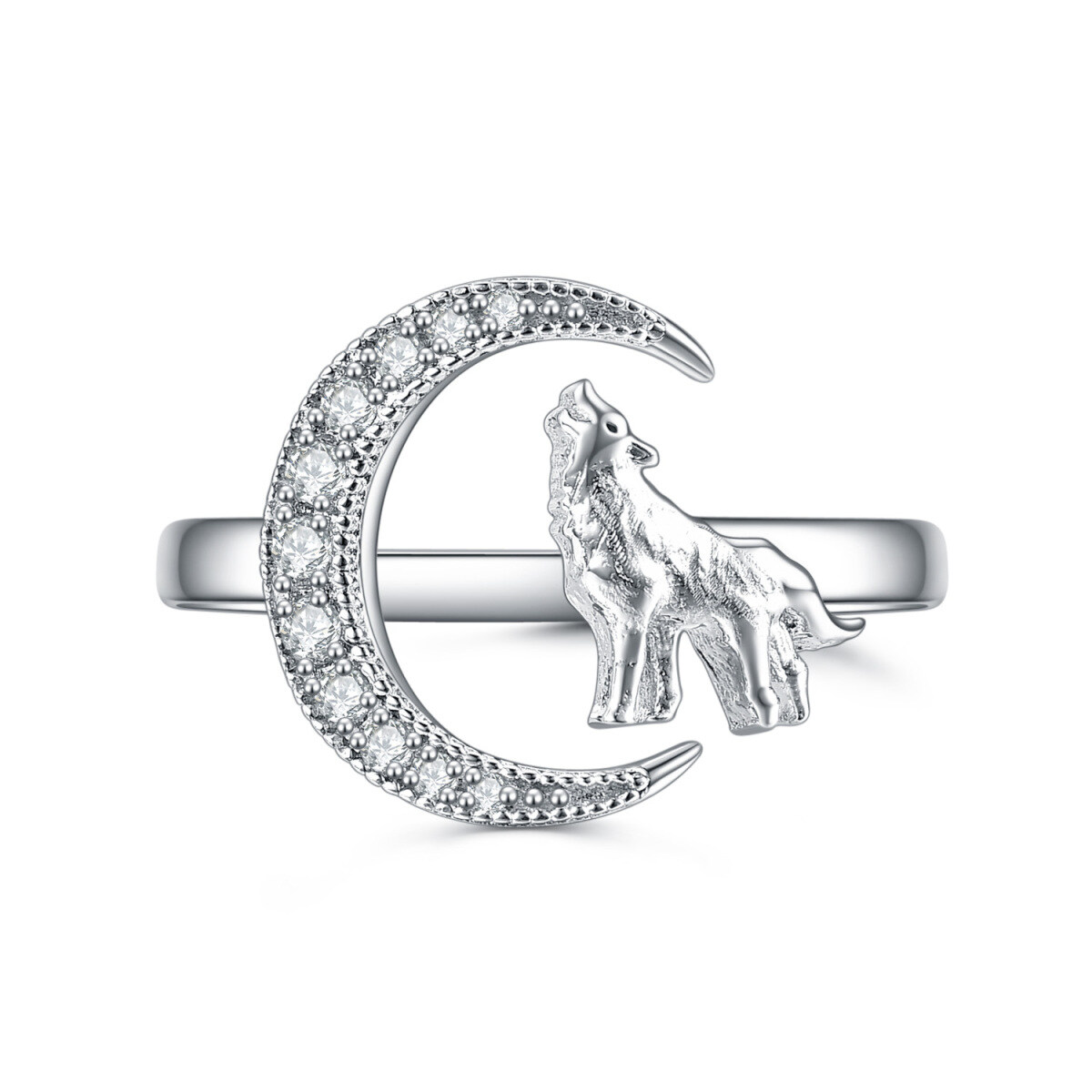 Sterling Silver Circular Shaped Cubic Zirconia Wolf & Moon Open Ring-1