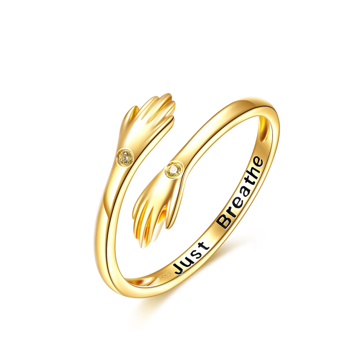 14K Gold Cubic Zirkonia Hug Open Ring mit eingraviertem Wort-1
